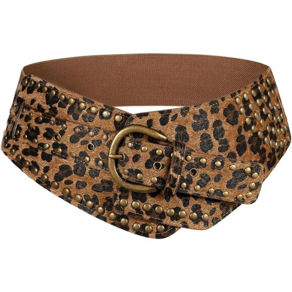 Women Vintage Wide Elastic Studded Stretchy Waist Belt Metal Buckle Leopard main image 4